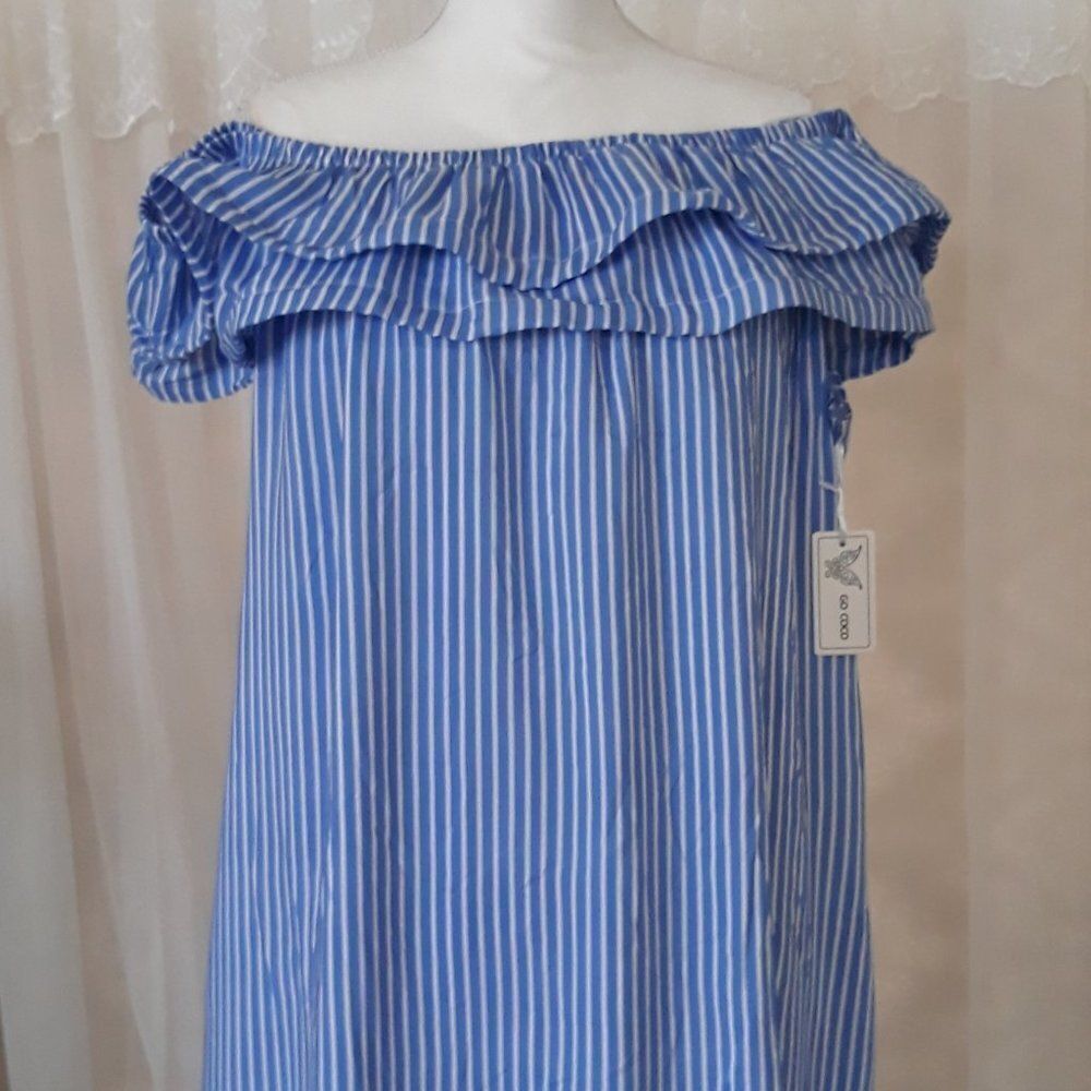 GO COCO ~Blue Pinstripe Off Shoulder Dress 1X ~NEW